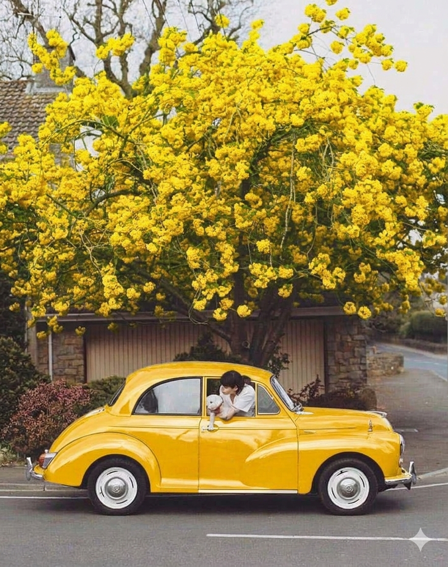 sárga autó sárga fával